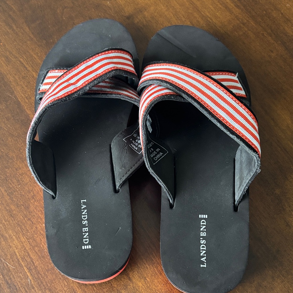 Lands' End Black Slide Sandals with Red & White Striped Cross Straps - Picture 4 of 7